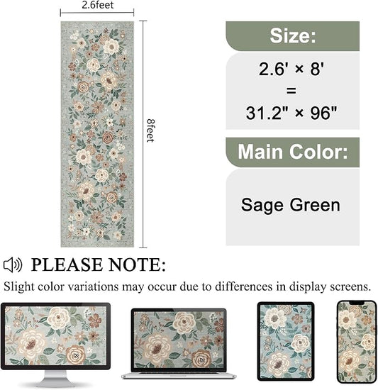 DUKINO Runner Rug, 2.6x8 Kitchen Rugs for Hallway with Non Slip Backing, Washable Low Pile Soft Boho Floral Runner Carpet for Hallway, Kitchen, Entryway, Laundry, Bedroom, Sage Green