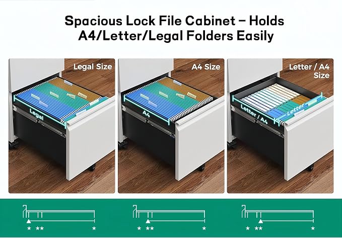 Approgreent 2 Drawer Metal File Cabinet, Fully Assembled Locking Filing Cabinet with Anti-Tipping Wheels, Quiet Slide, Heavy-Duty Steel Construction, Fits A4 Letter Legal for Home Office, Matte White