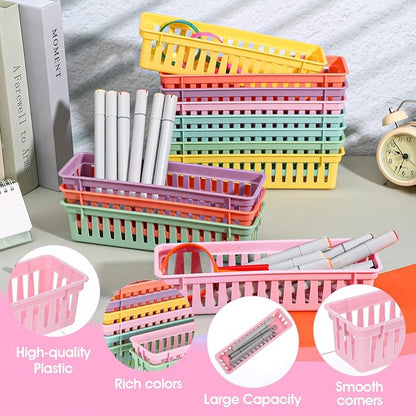 24Pack Small Pencil Basket, 10" x 3" Plastic Pencil Holder for Classroom, Slim Stackable Pencils Tray Storage for Office Desk and Elementary Teacher Organization Supplies (Colorful)