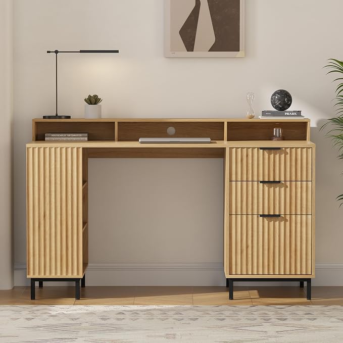 EYYTHUNG Fluted Executive Desk with Charging Station, 55" Modern Wood Office Desk with Monitor Stand & File Drawer, Home Writing Study Computer Table for Work Study, Natural Oak