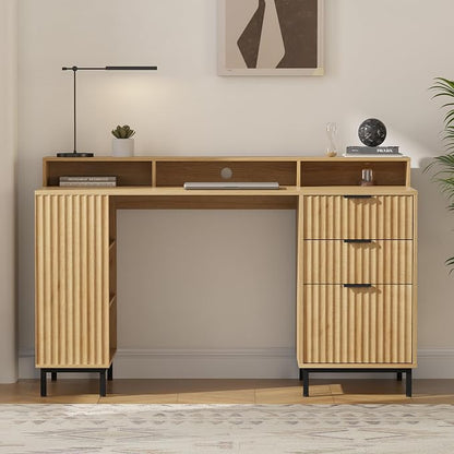 55'' Fluted Executive Desk with Drawers, Modern Home Office Computer Desk with Charging Station, File Drawer, Monitor Stand, Storage Shelf for Work Writing Study, Natural Oak