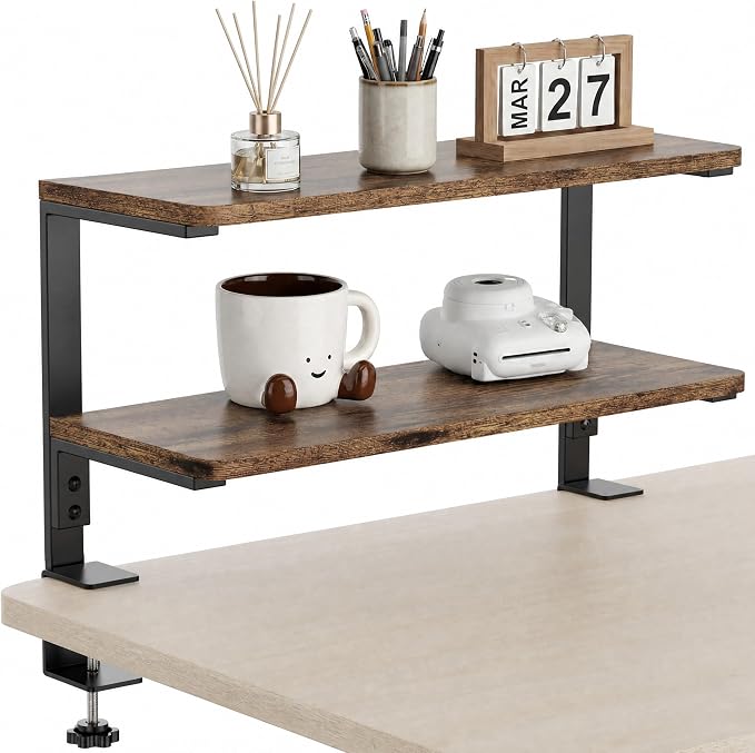 2-Tier Desk Extender, 22-inch Clamp-On Desk Shelf, Height-Adjustable Desktop Shelf Organizer for Monitors Office and Gaming Accessories, Arm Support Table Extension, Dark Brown