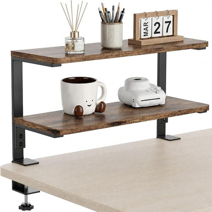 2-Tier Desk Extender, 22-inch Clamp-On Desk Shelf, Height-Adjustable Desktop Shelf Organizer for Monitors Office and Gaming Accessories, Arm Support Table Extension, Dark Brown
