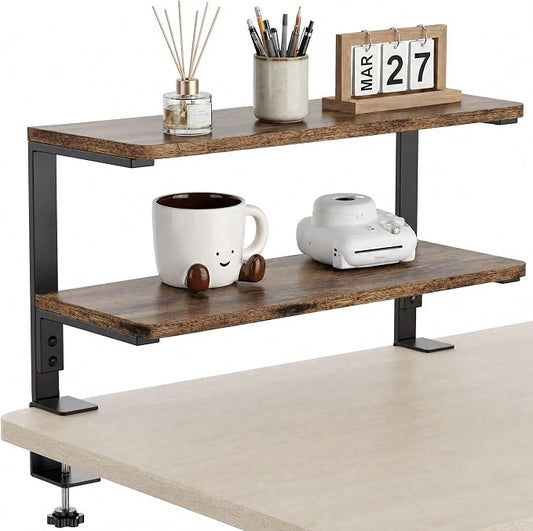 2-Tier Desk Extender, 22-inch Clamp-On Desk Shelf, Height-Adjustable Desktop Shelf Organizer for Monitors Office and Gaming Accessories, Arm Support Table Extension, Dark Brown