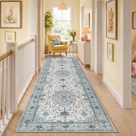 RELEANY Area Rugs Runner 3'x10' Washable Non-Slip, Floral Vintage Distress Medallion Carpet for Kitchen Hallway Bedroom Beside Laundry Room Bathroom, Light Blue Navy Gray White