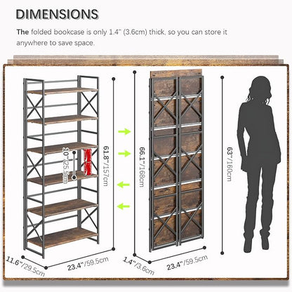 4NM 6 Tiers No Assembly Book Shelves, 61.8" H Folding Bookshelf Bookcase Open Industrial Foldable Shelves for Bedroom, Living Room, Home Office - Rustic Brown Black