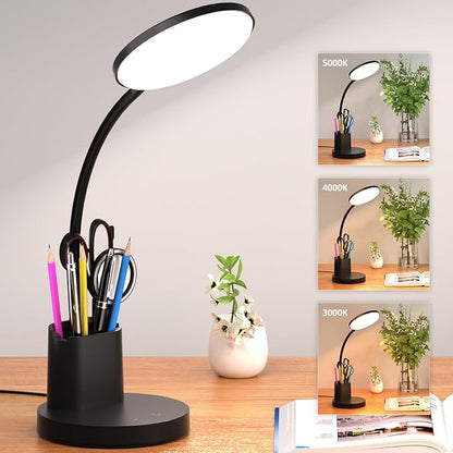 Desk Lamp, LED Desk Lamps for Home Office, Touch Table Lamp with 3 Color Modes 360° Adjustable Arm, Dimmable Desk Light with Pen Phone Holder for College Dorm, Black