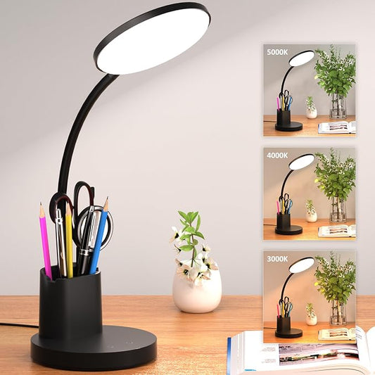 Desk Lamp, LED Desk Lamps for Home Office, Touch Table Lamp with 3 Color Modes 360° Adjustable Arm, Dimmable Desk Light with Pen Phone Holder for College Dorm, Black