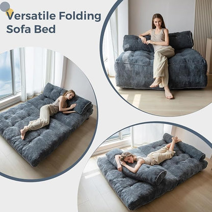 MAXYOYO Folding Sofa Bed, Convertible Chair with Pilow Foldable Couch with Back Support, Portable Fold Out Chair Bed Comfy Floor Sofa Lounge for Living Room Bedroom, Dark Grey, Double