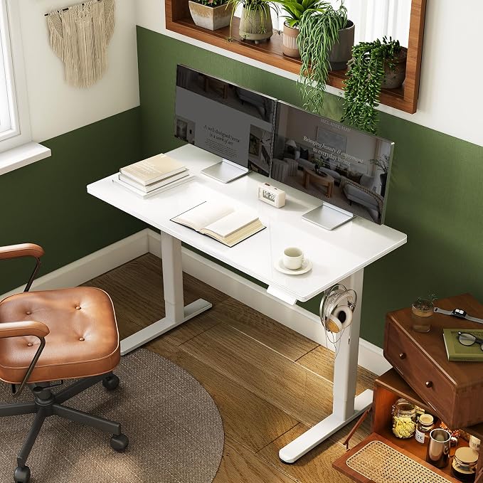 INNOVAR Glass Standing Desk with Drawers, 48 x 24 Inches Electric Height Adjustable Desk, Tempered Glass Top Stand Up Desks for Home and Office, White