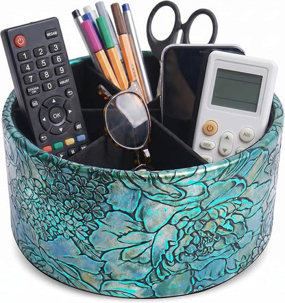 Remote Control Holder, 360°Spinning PU Leather Desk TV Remote Caddy,Desk Storage Box Room Accessories for Controller, Media,Mail,Calculator, Mobile Phone,Pencil(1B-Rich Flower Green)