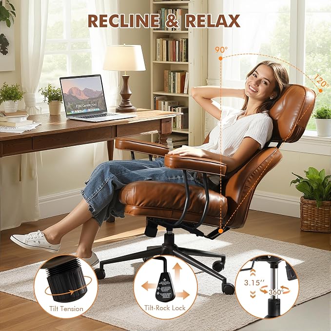 Faux Leather Executive Office Chair - Big and Tall Ergonomic Home Office Chair,Computer Desk Chair with Lumbar Support,Adjustable Task Chair Swivel Rolling PC Chair with Wheels,PU,Brown