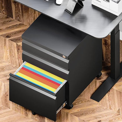 Yizosh 3 Drawer Mobile File Cabinet with Lock, Black Under Desk Rolling Filing Cabinet, Metal Locking File Cabinet on Wheels for Legal/Letter/A4 File (Full Assemble)