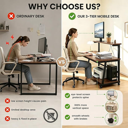 47.2 Inch Compact Rolling Computer Desk with Tier Worktable & Lockable Wheels, Small Computer Desk, Small Desk for Bedroom, Mobile Writing Workstation Easy Assembly for Home Office Small Spaces