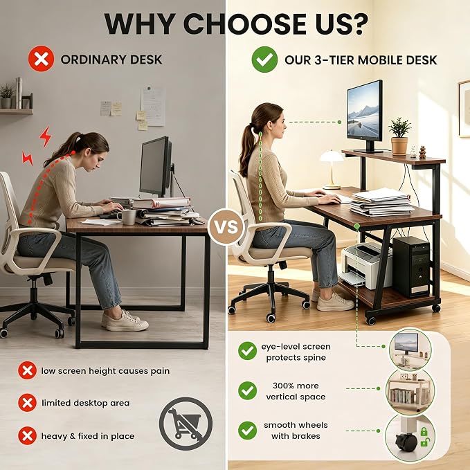 39.4 Inch Compact Rolling Computer Desk with Tier Worktable & Lockable Wheels, Small Computer Desk, Small Desk for Bedroom, Mobile Writing Workstation Easy Assembly for Home Office Small Spaces