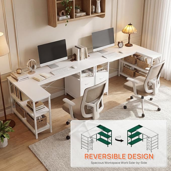 Alpen L Shaped Gaming Desk with Power Outlets, 55 Inch Computer Desk with 3 Drawers and Shelves, Corner Desk for Gaming, Study Writing PC Table with Storage and Reversible Shelf, White