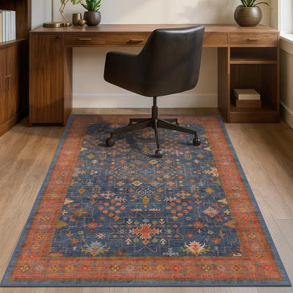 Navy Blue Boho Office Chair Mat for Hardwood Floors, 48x60 Non-Slip Washable Home Office Carpet, Tile Floor Protector for Computer Gaming Chair, Under Desk Rug with Ultra Soft & Low Pile