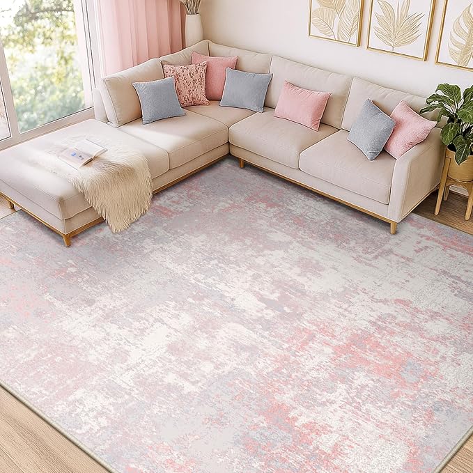 RELEANY Washable Area Rugs 9'x12' Non-Slip Modern Abstract Soft for Living Room Entryway Bedroom Kitchen, Print Pattern, Grey Pink