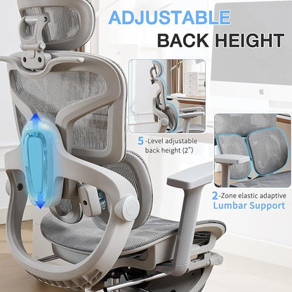 Ergonomic MeshOffice Chair with 2-Zone Lumbar Support and Footrest,Grey | Big and Tall, 400LBS, Adjustable Seat Depth, 4D Headrest, 4D Armrests Swivel Executive Chair for Home Office