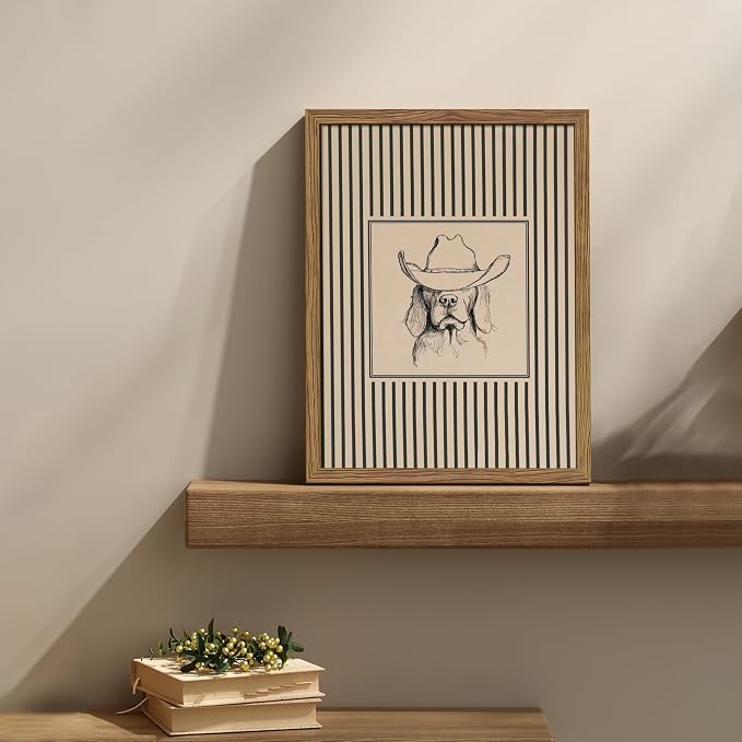 Western Cowboy Dog Wall Art - Framed Canvas Wall Decor for Living Room, Bedroom & Nursery, Vintage Animal Sketch in Wood Frame, Cute Dog with Hat Picture, Farmhouse Style 8x10 inch