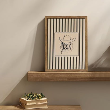 Western Cowboy Dog Wall Art - Framed Canvas Wall Decor for Living Room, Bedroom & Nursery, Vintage Animal Sketch in Wood Frame, Cute Dog with Hat Picture, Farmhouse Style 8x10 inch