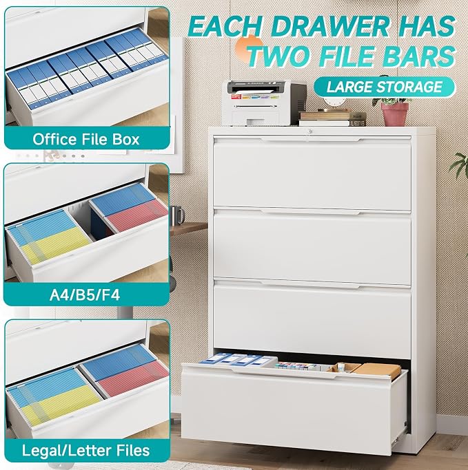 4 Drawer Lateral File Cabinet with Lock, Heavy-Duty Metal Filing Cabinet for Home Office, Steel Storage Compatible with Hanging Files Letter/Legal/F4/A4 Sizes (4 Drawer, White)