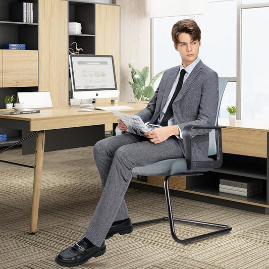 CLATINA Waiting Room Chairs with Armrests and Adjustable Lumbar Support, Breathable Mesh Back Desk Chair No Wheels, Office Guest Chairs & Reception Chair for Conference Room, Grey