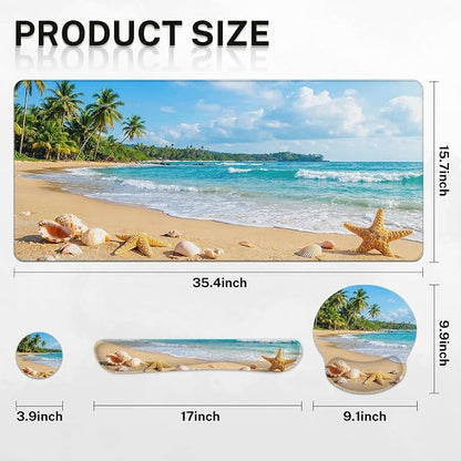 Britimes Beach Tropical Coastal Keyboard Mouse Pad Set Ocean Seashell 4in1 Large Mousepad+Keyboard Wrist Rest+Mouse Wrist Rest+Coaster Ergonomic Design for Home Office Computer 35.4x15.7 inches