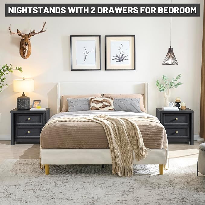 Standifurno Black Night Stand for Bedroom, Rustic Nightstand with 2 Drawers, Black and Gold Nightstand with Metal Knobs Farmhouse Wood Bedside Table End Table Living Room Sofa Side Table 22.8” Wide
