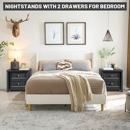 Standifurno Black Night Stand for Bedroom, Rustic Nightstand with 2 Drawers, Black and Gold Nightstand with Metal Knobs Farmhouse Wood Bedside Table End Table Living Room Sofa Side Table 22.8” Wide
