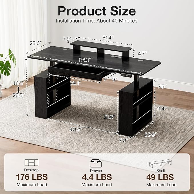 63x24 Electric Standing Desk with Drawer & Power Outlet, Ergonomic Sit Stand Desk with LED Lights, 2 Pegboards Storage, Monitor Stand, Height Adjustable 28.3"-47.2" for Home & Office, Black