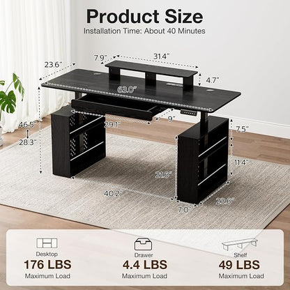 63x24 Electric Standing Desk with Drawer & Power Outlet, Ergonomic Sit Stand Desk with LED Lights, 2 Pegboards Storage, Monitor Stand, Height Adjustable 28.3"-47.2" for Home & Office, Black