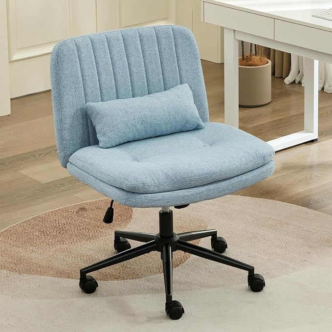 IPKIG Criss Cross Chair, Small Armless Desk Office Computer Chair with Wheels and Lumbar Pillow, Comfy Adjustable Swivel Task Vanity Chair Linen, Light Blue