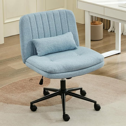 IPKIG Criss Cross Chair, Small Armless Desk Office Computer Chair with Wheels and Lumbar Pillow, Comfy Adjustable Swivel Task Vanity Chair Linen, Light Blue