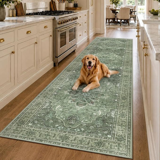 RELEANY Area Rugs Runner 3'x10' Washable Non-Slip, Floral Vintage Distress Medallion Carpet for Kitchen Hallway Bedroom Beside Laundry Room Bathroom, Dark Green Gray