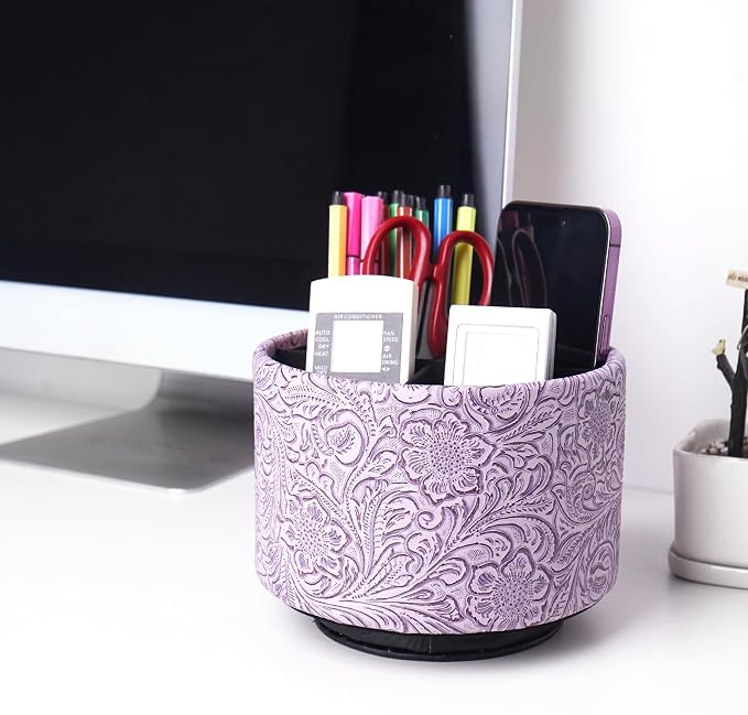 lizimandu Round Leather Art Supply Organizer,Remote Control Holder,360 Degree Spinning,Multi-Functional Pencil Holder,4 Compartments Desktop Stationary Organizer(1-Carved Puple)
