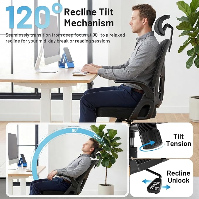 Office Chair Ergonomic Desk Chair with Adjustable Headrest Lumbar Support, High Back Breathable Mesh Chair with 120° Tilt & Flip-Up Armrests, Swivel Comfy Task Computer Chair for Work, Study