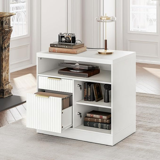 2 Drawer File Cabinet, 32'' Lateral File Cabinet with Lock and AC/USB for Letter/A4 Size, Wood Filing Cabinet with Storage Shelves for Home Office, White