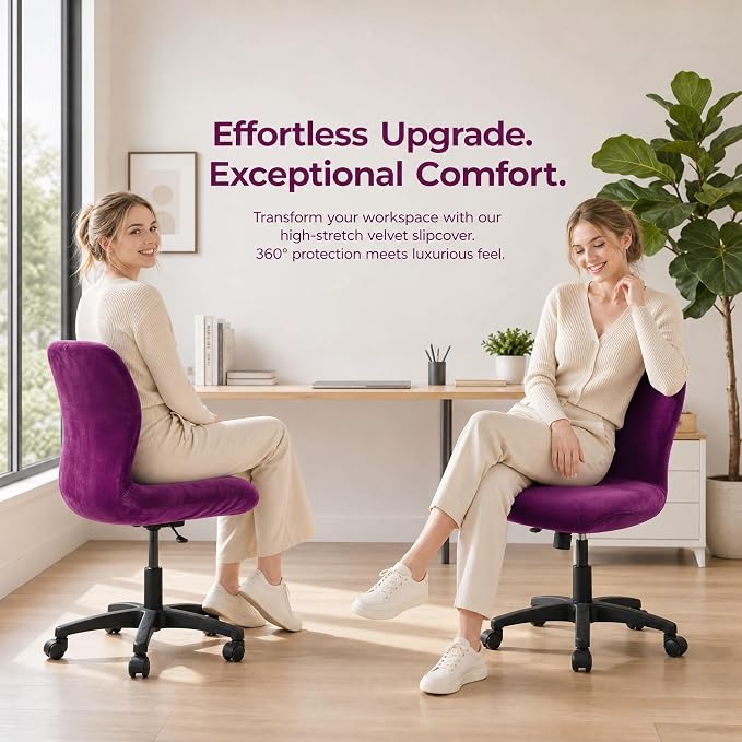 Deisy Dee Velvet Stretch Armless Office Chair Covers - Colorful Stretch Slipcover for Desk Chairs (Purple)