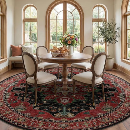 RELEANY Area Rugs Round 8ft Washable Non-Slip, Floral Vintage Distress Medallion Carpet for Living Room Bedroom Dining Room, Red Black