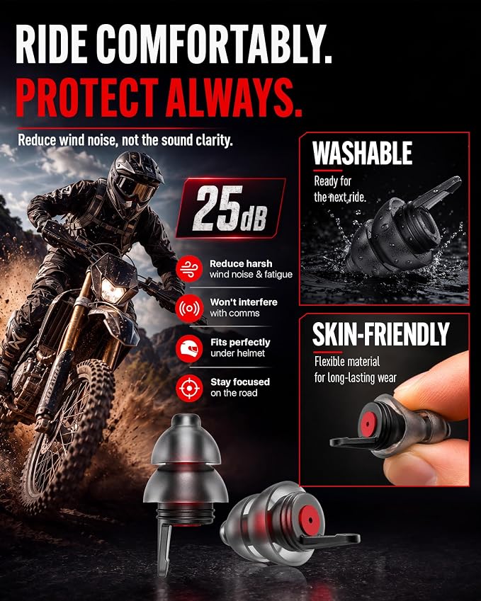 Motorcycle Ear Plugs for Wind Noise Reduction, 2 Pairs Reusable Motorcycle Accessories - Moto Earplugs, Soft Comfortable Hearing Protection for Motorbike, Touring, Racing, Riding - 25dB, Biker Gifts