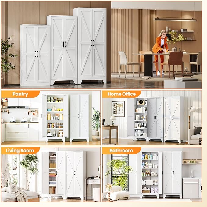 Metal White Storage Cabinet with 2 Doors and 4 Adjustable Shelves, 75" Tall Kitchen Pantry cabinets, Farmhouse Food Pantry Cabinet,5 Tier Freestanding Barn Door Cupboard for Kitchen Dining/Living Room