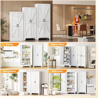 Metal White Storage Cabinet with 2 Doors and 4 Adjustable Shelves, 75" Tall Kitchen Pantry cabinets, Farmhouse Food Pantry Cabinet,5 Tier Freestanding Barn Door Cupboard for Kitchen Dining/Living Room