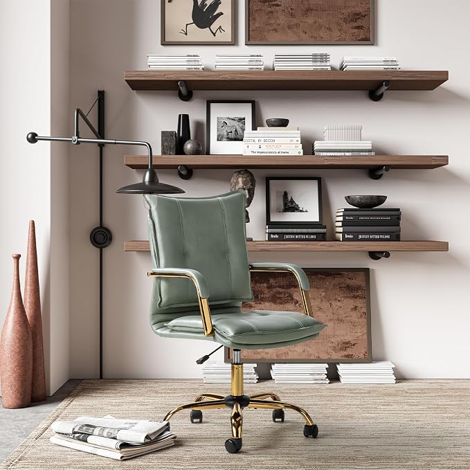 HULALA HOME Faux Leather Home Office Desk Chair, Adjustable Swivel Computer Chair with Golden Legs and Arms, Comfy Upholstered Task Chair, Sage