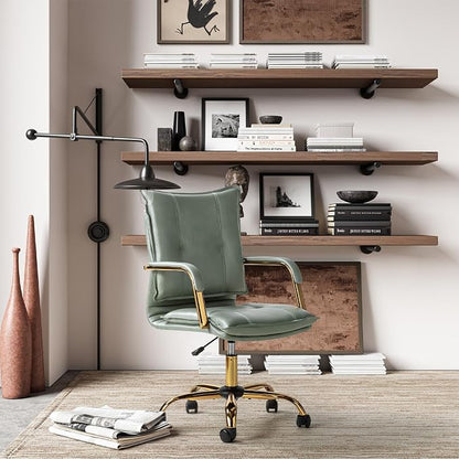 HULALA HOME Faux Leather Home Office Desk Chair, Adjustable Swivel Computer Chair with Golden Legs and Arms, Comfy Upholstered Task Chair, Sage