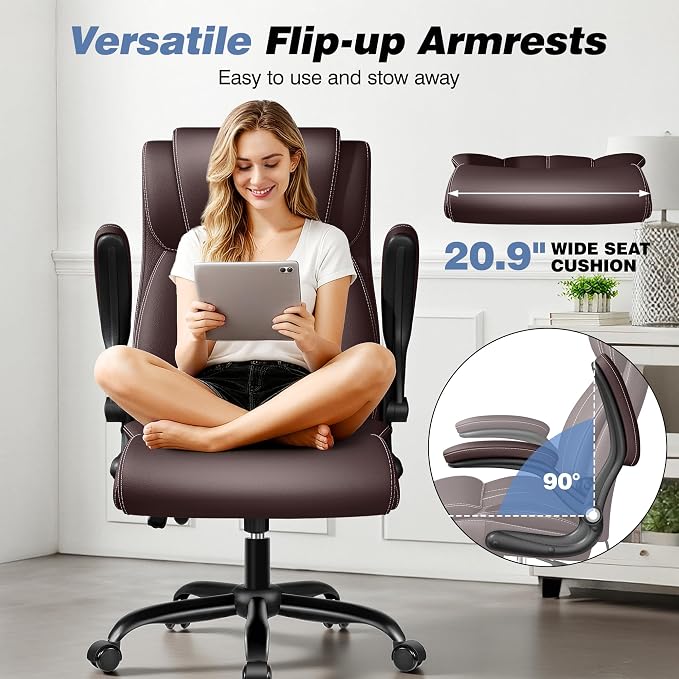 BESTFAIR Ergonomic High Back Office Chair, Adjustable Lumbar, Coffee 4 Pack | Inflatable Lumbar Support For Custom Comfort, Flip-Up Arms, 21" Wide Seat, Scratch-Resistant Pu Leather, Rocking & Heavy-Duty