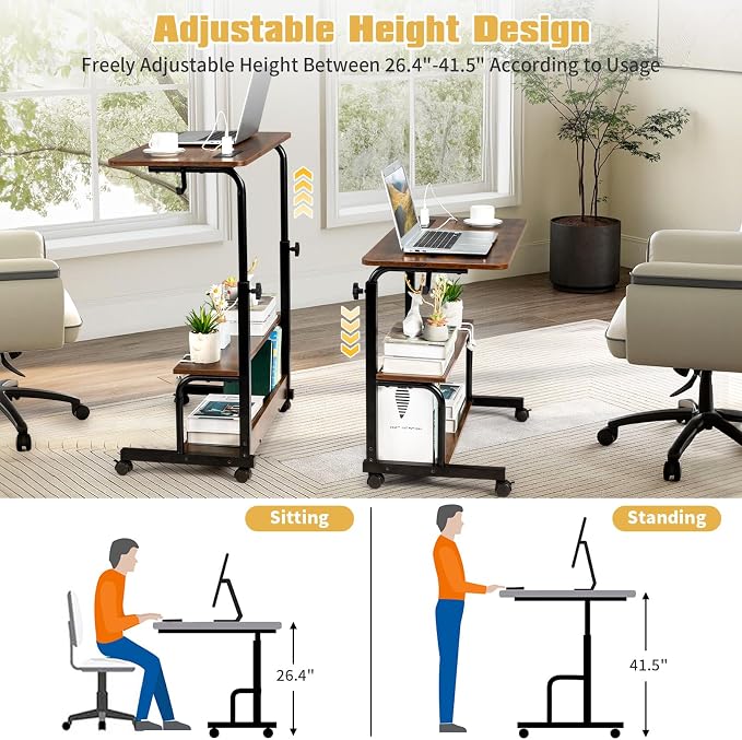 Karl home 31.5" Portable Rolling Desk on Wheels,Height Adjustable Standing Desk with 2 AC Outlets/3 USB Ports,Mobile Laptop Table with Hooks and Storage Shelves for Home Office，Rustic Brown