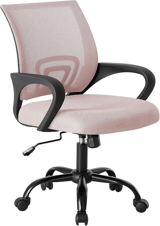 OLIXIS Office Desk Chair - Ergonomic Mid Back with Lumbar Support & Rocking Mode, Height Adjustable with Fixed Armrest, Storage Back for Computer, Gaming, Conference, Meeting Room, 360° Swivel, Pink