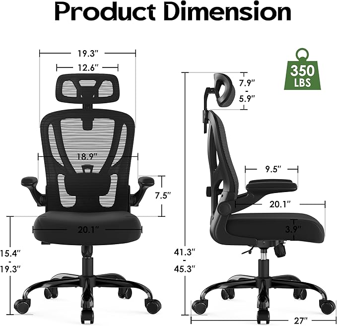 Office Chair Ergonomic Desk Chair - Mesh High Back Office Chair with Headrests Wheels Lumbar Support Home Desk Office Chairs Flip up Armrest Executive Rolling Computer Chair Black 10 Pack
