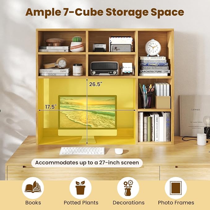 LDAILY Desktop Bookshelf, 37’’ Wood Desk Shelf with 7 Cubes & 3 Adjustable Shelves, 3-Tier Desk Display Rack, Desk Hutch for Dorm College Office Computer Monitor Up to 27’’ (Burlywood, 7 Shelves)
